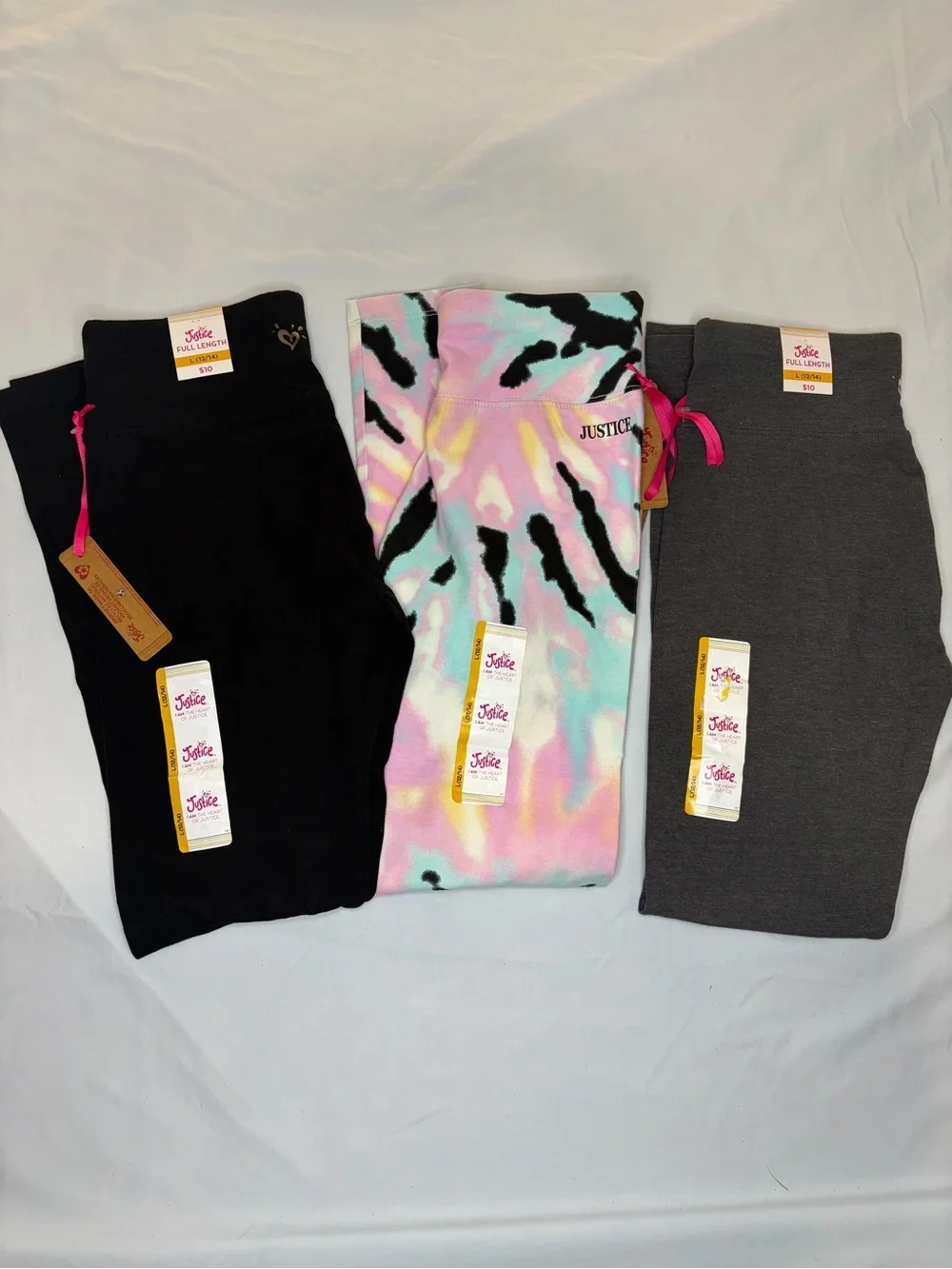 Lot of 3 Justice Girls' Tie-Dye, Black & Gray Leggings Size L 12/14 New